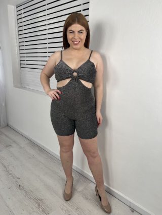   Új H&M (M) Fekete-Ezüst Csillogós, Pántos Oldalán Nyitott, Rugalmas Overál