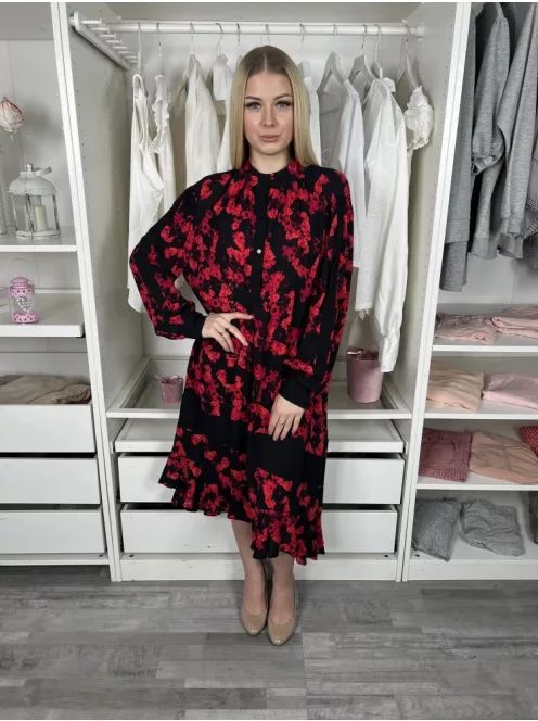 (M) Fekete Piros Virágos, Mellnél Gombos Zsebes, Bőfazonú Ruha