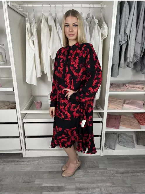 (M) Fekete Piros Virágos, Mellnél Gombos Zsebes, Bőfazonú Ruha
