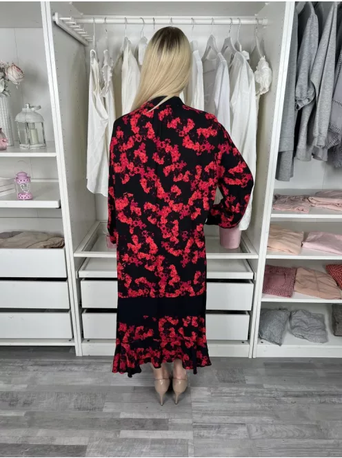 (M) Fekete Piros Virágos, Mellnél Gombos Zsebes, Bőfazonú Ruha