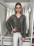 (S) Fekete Fehér Apró Foltmintás, Pliszírozott Elől Gombos, Bélés Nélküli Felső