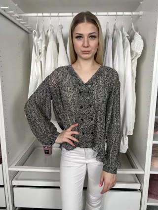   (S) Fekete Fehér Apró Foltmintás, Pliszírozott Elől Gombos, Bélés Nélküli Felső