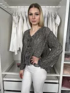 (S) Fekete Fehér Apró Foltmintás, Pliszírozott Elől Gombos, Bélés Nélküli Felső