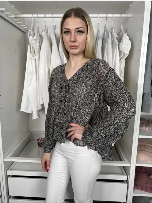 (S) Fekete Fehér Apró Foltmintás, Pliszírozott Elől Gombos, Bélés Nélküli Felső