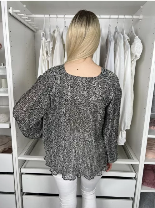 (S) Fekete Fehér Apró Foltmintás, Pliszírozott Elől Gombos, Bélés Nélküli Felső