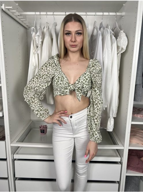 NastyGal (M) Fehér Zöld Virágmintás Mellnél Megkötős, Rövid Derekú Felső