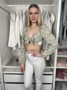NastyGal (M) Fehér Zöld Virágmintás Mellnél Megkötős, Rövid Derekú Felső