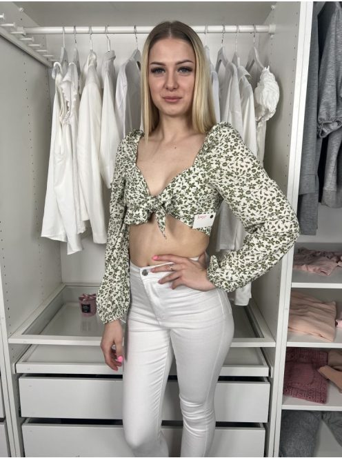 NastyGal (M) Fehér Zöld Virágmintás Mellnél Megkötős, Rövid Derekú Felső
