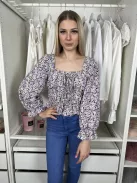 Primark (S) Lila Virágmintás Gumis Ujjvégű, Derékban Gumis Felső