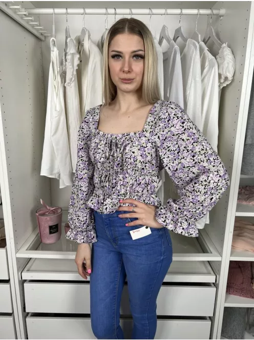 Primark (S) Lila Virágmintás Gumis Ujjvégű, Derékban Gumis Felső