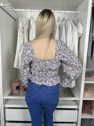 Primark (S) Lila Virágmintás Gumis Ujjvégű, Derékban Gumis Felső