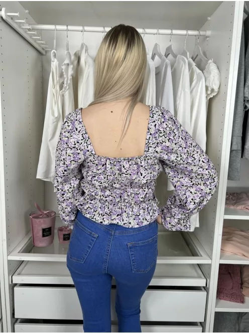 Primark (S) Lila Virágmintás Gumis Ujjvégű, Derékban Gumis Felső