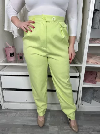   ÚJ Pretty Little Thing (M) Neon Banánzöld Elől Gombos, Zsebes Magas Derekú Nadrág