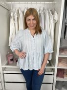 Primark (M) Világoskék Anyagában Mintás, Mellnél Gombos Buggyos Ujjú Felső