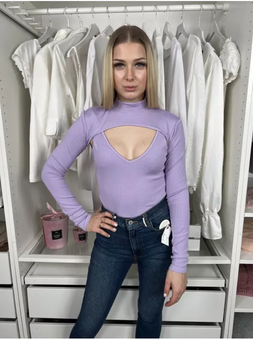 Bershka (S) Lila Anyagában Bordázott Mellnél Kivágott, Állógalléros Body