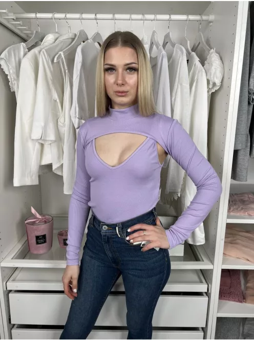 Bershka (S) Lila Anyagában Bordázott Mellnél Kivágott, Állógalléros Body