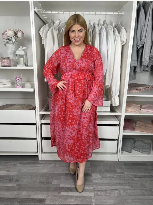 ÚJ Violet (M) Rózsaszín Piros Dupla Anyagú, Virágmintás Mell Alatt Gumis, Hátul Nyakban Megkötős Ruha