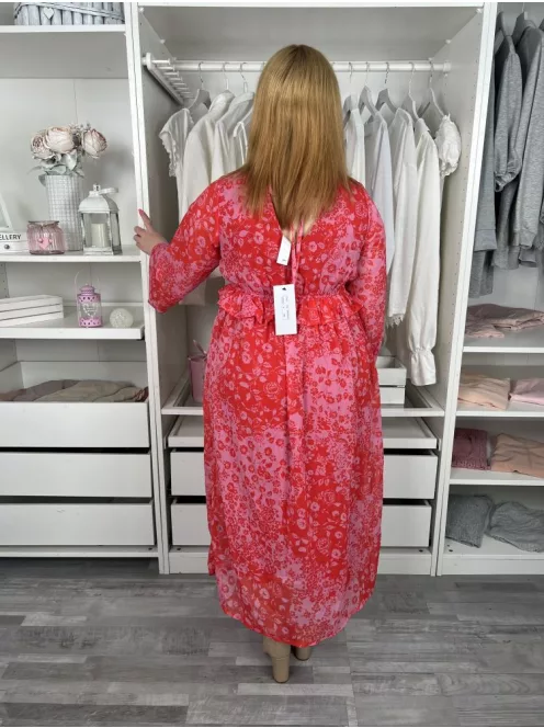 ÚJ Violet (M) Rózsaszín Piros Dupla Anyagú, Virágmintás Mell Alatt Gumis, Hátul Nyakban Megkötős Ruha