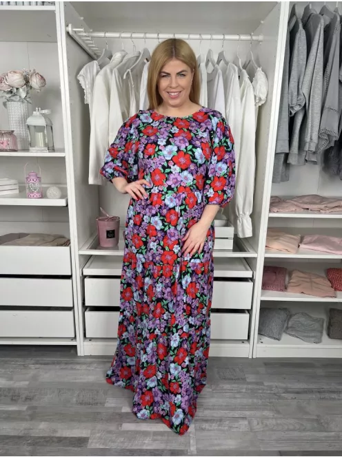 Dorothy Perkins (L) Fekete Virágmintás, Kereknyakú Hátul Nyakban Gombos Ruha