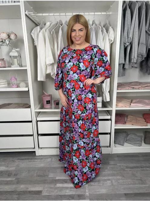 Dorothy Perkins (L) Fekete Virágmintás, Kereknyakú Hátul Nyakban Gombos Ruha
