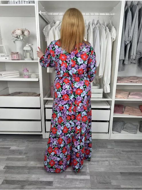 Dorothy Perkins (L) Fekete Virágmintás, Kereknyakú Hátul Nyakban Gombos Ruha