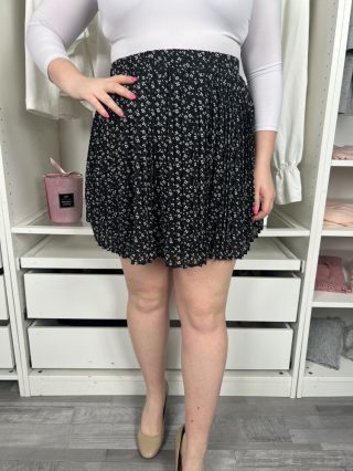   Shein (L) Fekete Gumisderekú, Díszmasnis Apró Fehér Mintás, Pliszírozott Szoknya