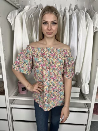   Next (S) Színes Apró Virágos Ejtett Darázsolt Vállú Bőujjú, 30% Len Alapanyagú Felső