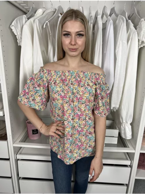 Next (S) Színes Apró Virágos Ejtett Darázsolt Vállú Bőujjú, 30% Len Alapanyagú Felső