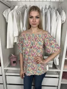 Next (S) Színes Apró Virágos Ejtett Darázsolt Vállú Bőujjú, 30% Len Alapanyagú Felső