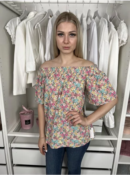 Next (S) Színes Apró Virágos Ejtett Darázsolt Vállú Bőujjú, 30% Len Alapanyagú Felső