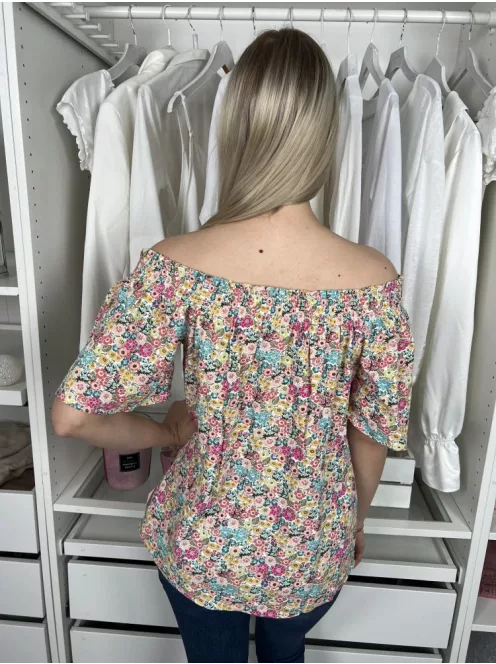 Next (S) Színes Apró Virágos Ejtett Darázsolt Vállú Bőujjú, 30% Len Alapanyagú Felső