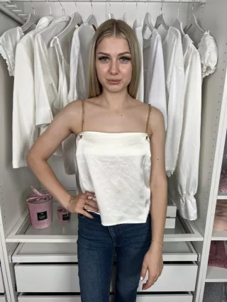   ÚJ Forever21 (S) Krémszinű Láncpántos Fényes Anyagú Felső