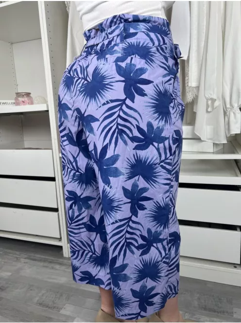 M&S (L) Lila-Rószaszín Kék Levélmintás, Elől Kapcsos Derékban Megkötős Nadrág