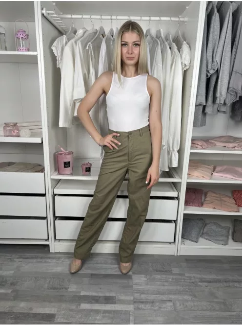 Uniqlo (XS) Khaki Elől Gombos, Zsebes Övtartós, Hátul Gumis Derekú Nadrág