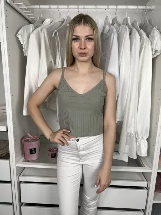   ÚJ H&M (S) Pasztell Khaki 98% Pamut, Anyagában Bordázott Pántos Felső