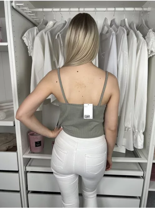ÚJ H&M (S) Pasztell Khaki 98% Pamut, Anyagában Bordázott Pántos Felső
