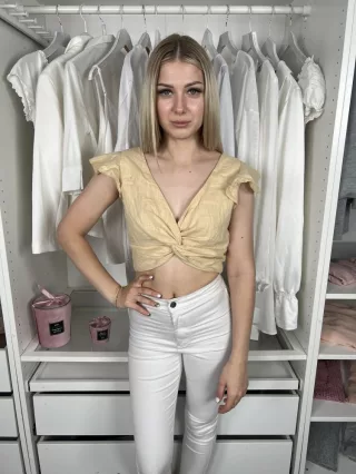   Shein (S) Sárga Hátul Darázsolt, Elől Csavart Fodros Vállú, 100% Pamut Felső