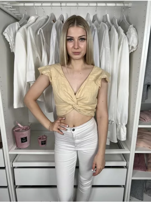 Shein (S) Sárga Hátul Darázsolt, Elől Csavart Fodros Vállú, 100% Pamut Felső