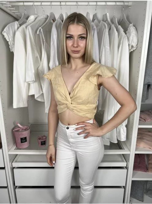 Shein (S) Sárga Hátul Darázsolt, Elől Csavart Fodros Vállú, 100% Pamut Felső