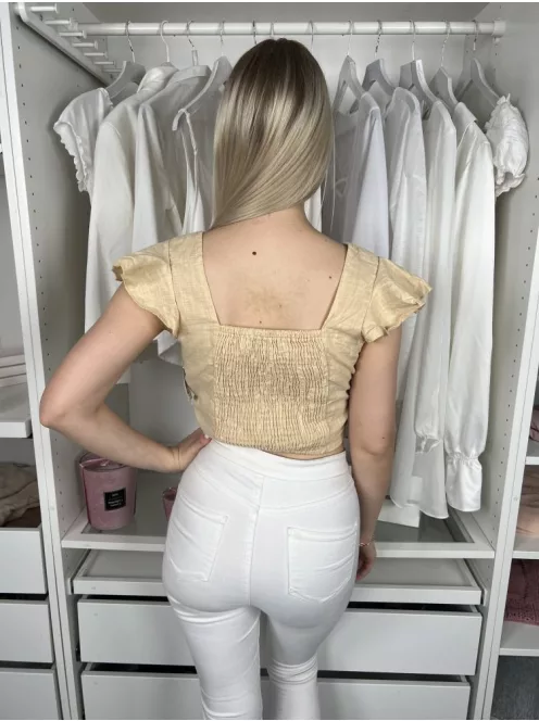 Shein (S) Sárga Hátul Darázsolt, Elől Csavart Fodros Vállú, 100% Pamut Felső