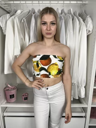   TopShop (XXS) Fehér Citrom Mintás Gumis Derekú, 100% Pamut Felső