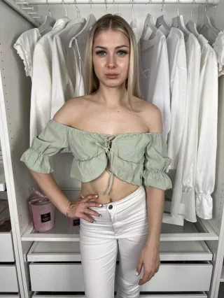   Shein (XS) Világos Zöld Gumírozott Vállú 100% Pamut, Tölcsér Ujjú Felső