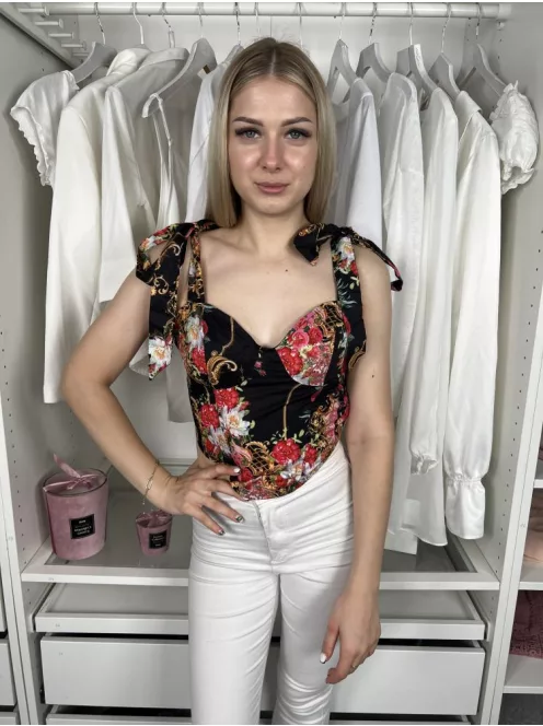 Pretty Little Thing (S) Fekete Színes Virágos, Hátul Cipzáros Megköthető Pántú Felső