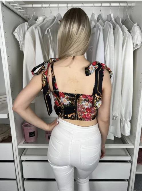 Pretty Little Thing (S) Fekete Színes Virágos, Hátul Cipzáros Megköthető Pántú Felső