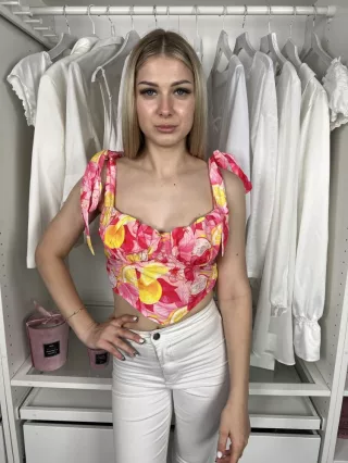   Shein (XS) Rózsaszín Citrom Mintás, Megköthető Pántú Hátul Cipzáros Felső