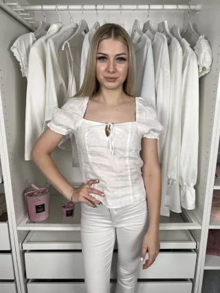   H&M (S) Fehér Mellnél Megkötős, Buggyos Vállú 100% Len, Hátul Darázsolt Felső