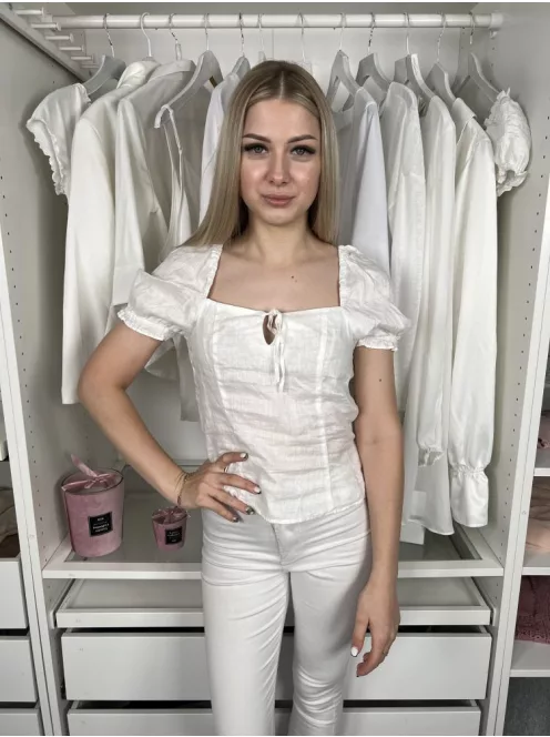 H&M (S) Fehér Mellnél Megkötős, Buggyos Vállú 100% Len, Hátul Darázsolt Felső