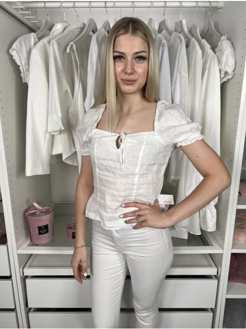 H&M (S) Fehér Mellnél Megkötős, Buggyos Vállú 100% Len, Hátul Darázsolt Felső