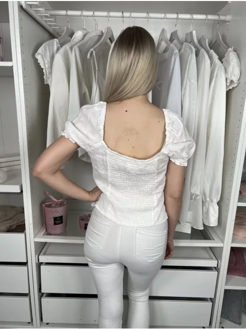 H&M (S) Fehér Mellnél Megkötős, Buggyos Vállú 100% Len, Hátul Darázsolt Felső