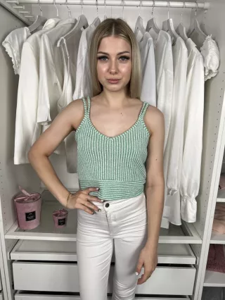   New Look (S) Zöld-Fehér Csíkos, Dupla Pántos Gépikötött Felső